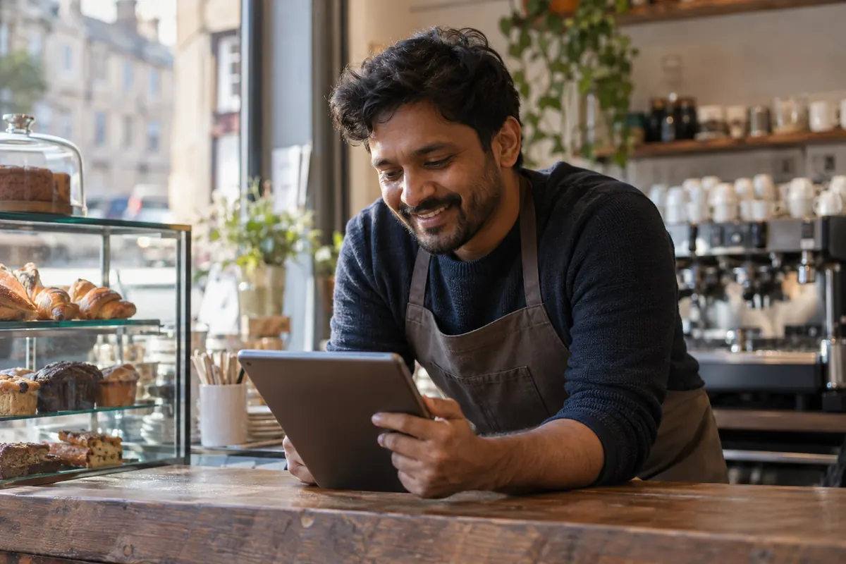 A café owner in an apron leaning on the counter and smiling at a tablet, with a pastry display and coffee machine behind him