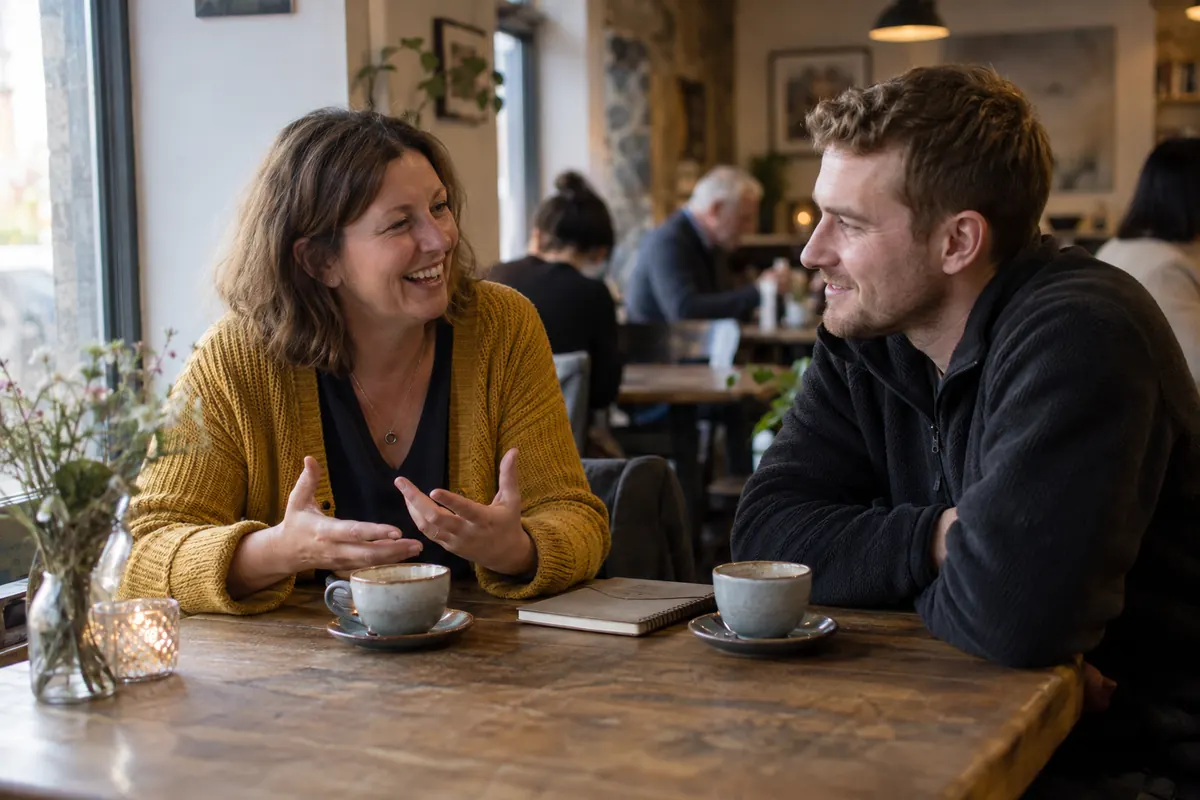 Two people chatting over coffee at a wooden table in a friendly independent café