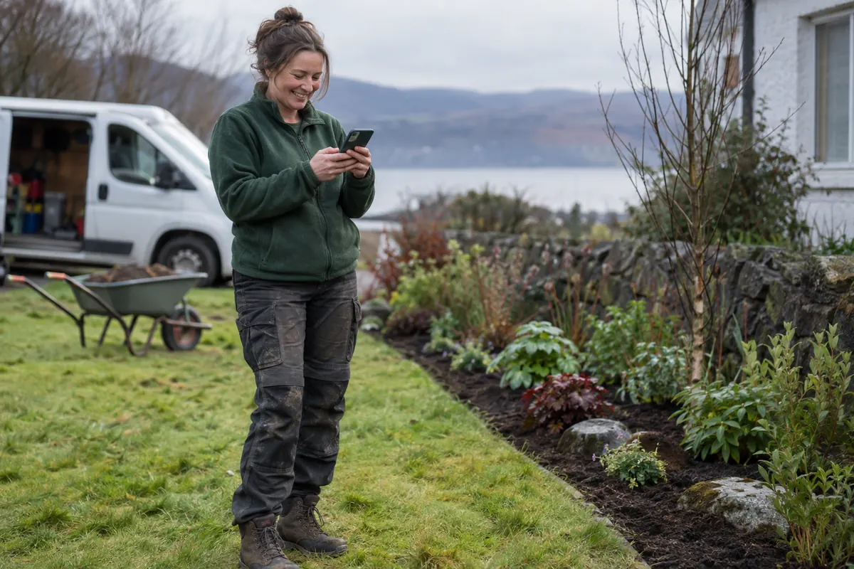A landscaper in a green fleece checking her phone on a lawn beside a new flower bed, with a work van behind her