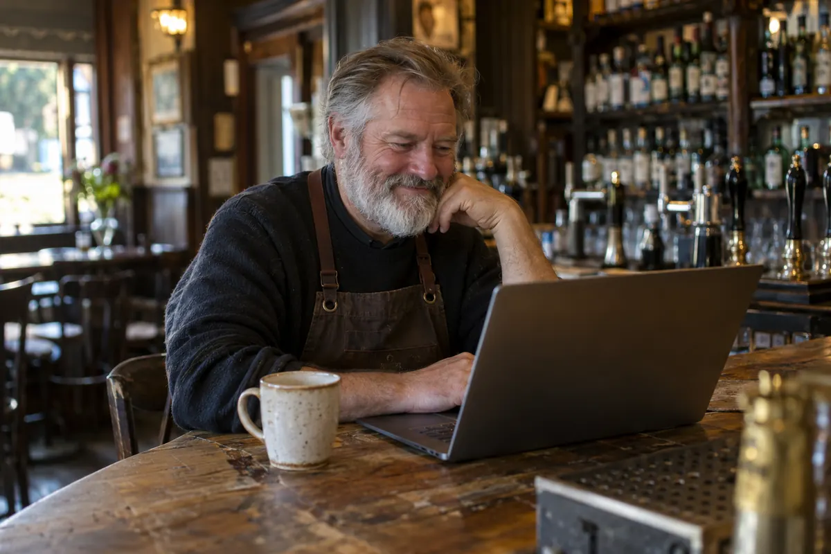 A pub owner with a grey beard smiling at a laptop on the bar before opening