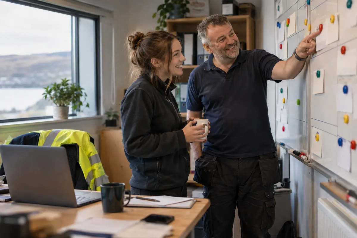 Two colleagues in a trades office laughing beside a job board with coloured magnets